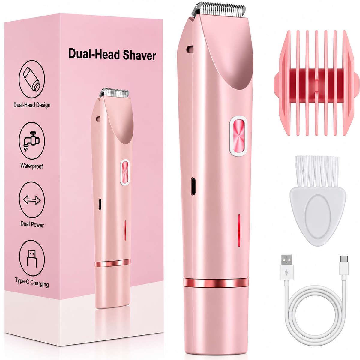 Rasoir électrique femme 2-en-1 rose avec accessoires, image HD